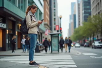 Femme urbaine en jeans et veste légère vérifiant son téléphone