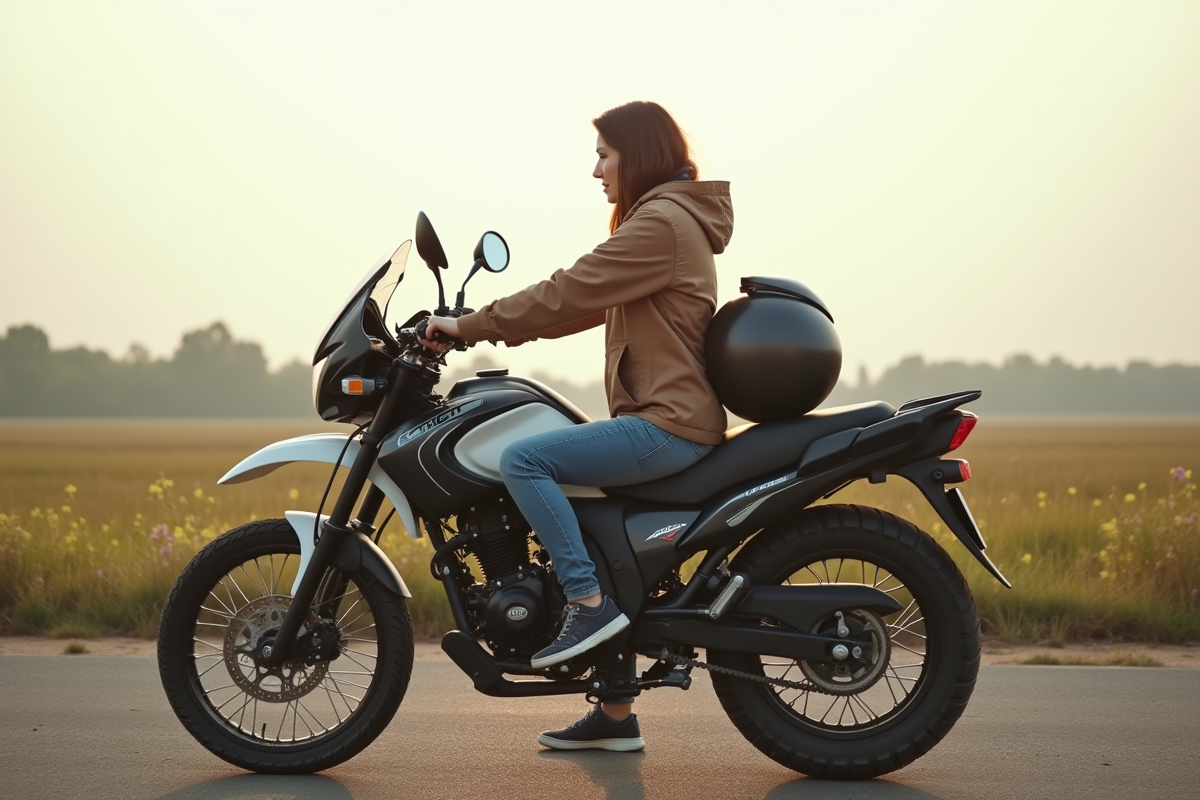 Femme en jeans et casque sur moto 125cc au bord d une route rurale