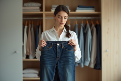 Femme examinant un pantalon en denim usé dans une chambre minimaliste