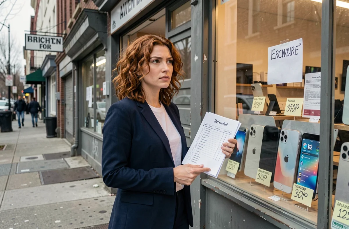 Femme devant une vitrine de magasin de reconditionnement d'iPhone 15 avec des étiquettes de prix manuscrites, tenant une liste de vérification
