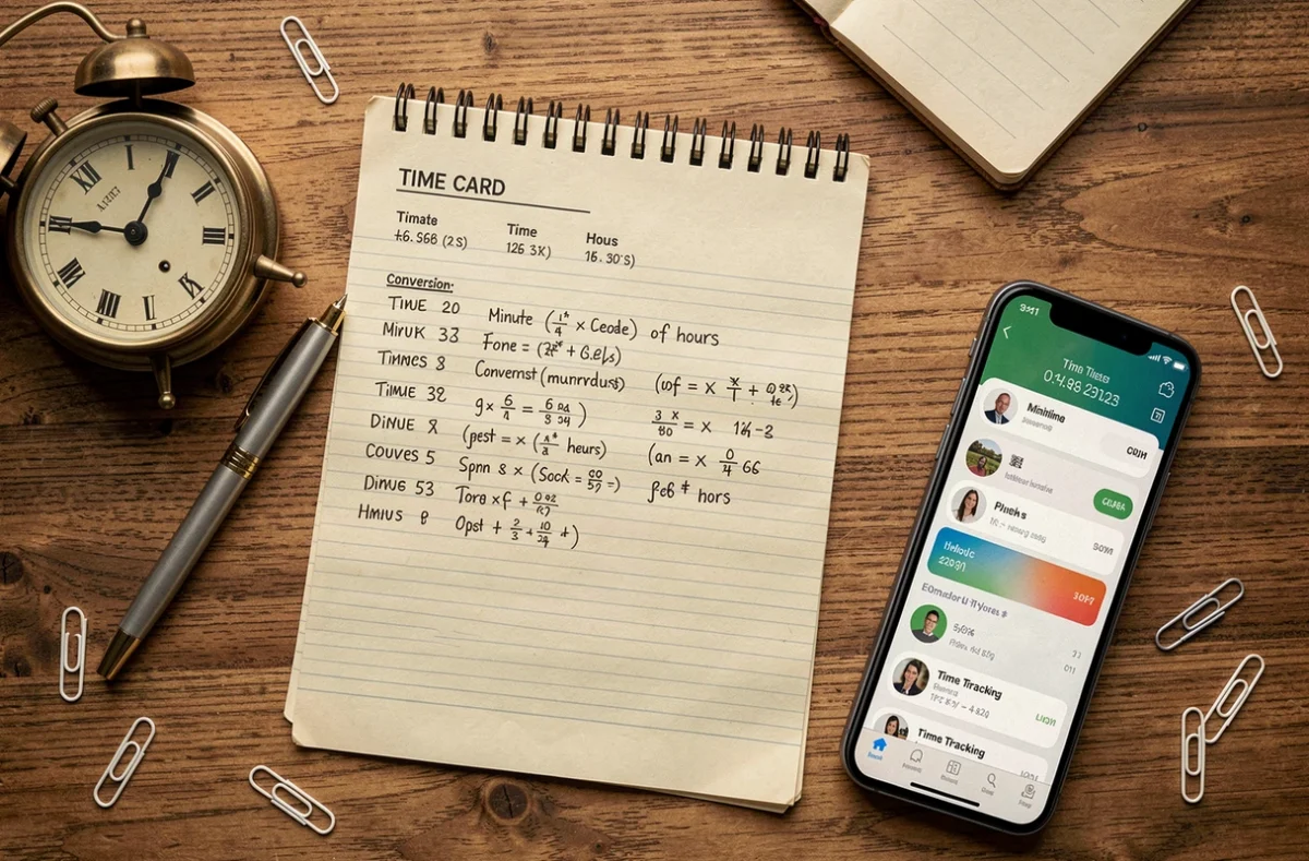 Vue aérienne d'une fiche de temps manuscrite avec des calculs de conversion entre minutes et centièmes d'heure sur un bureau en bois