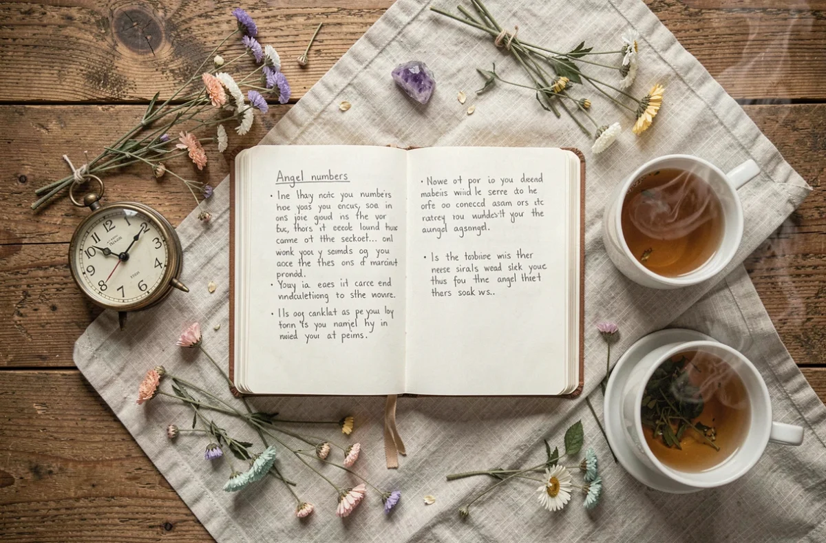 Composition à plat d'un journal sur les nombres angéliques, une horloge à 22h22, une pierre d'améthyste et une tasse de tisane sur une table en bois