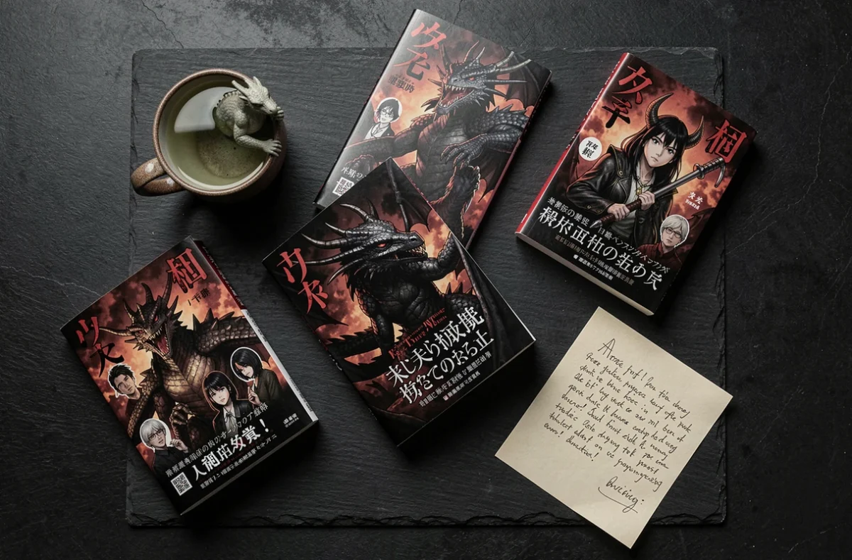 Flat-lay de mangas de fantasy avec figurine de dragon et notes de lecture sur fond ardoise sombre