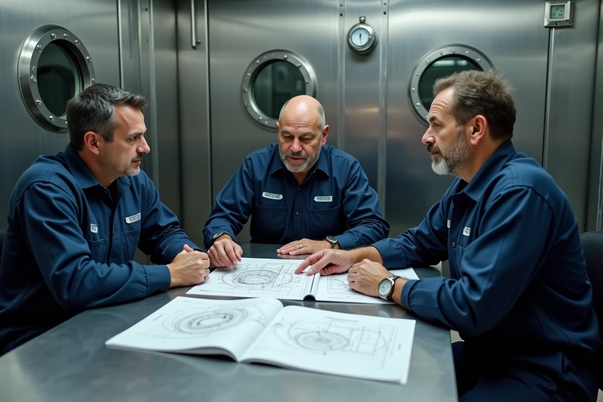 Équipe de travailleurs en formation hyperbarie étudiant des schémas de pression dans une salle d'entraînement caisson de décompression