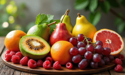 Arrangement de fruits frais commençant par G sur une table en bois