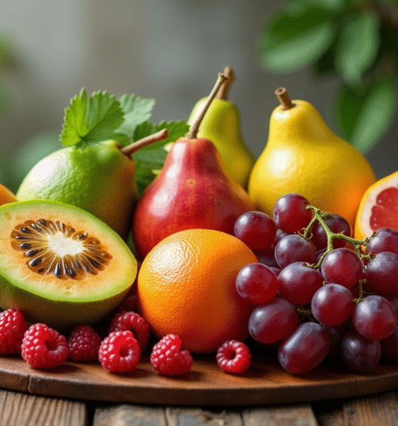 Arrangement de fruits frais commençant par G sur une table en bois