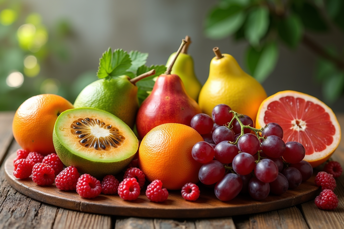 Arrangement de fruits frais commençant par G sur une table en bois