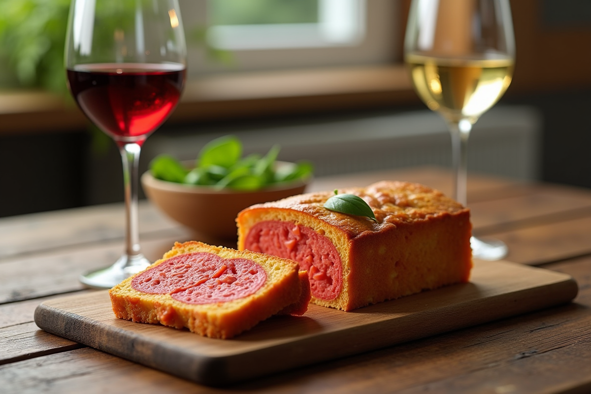 Gâteau de chorizo tranché avec vin rouge et blanc