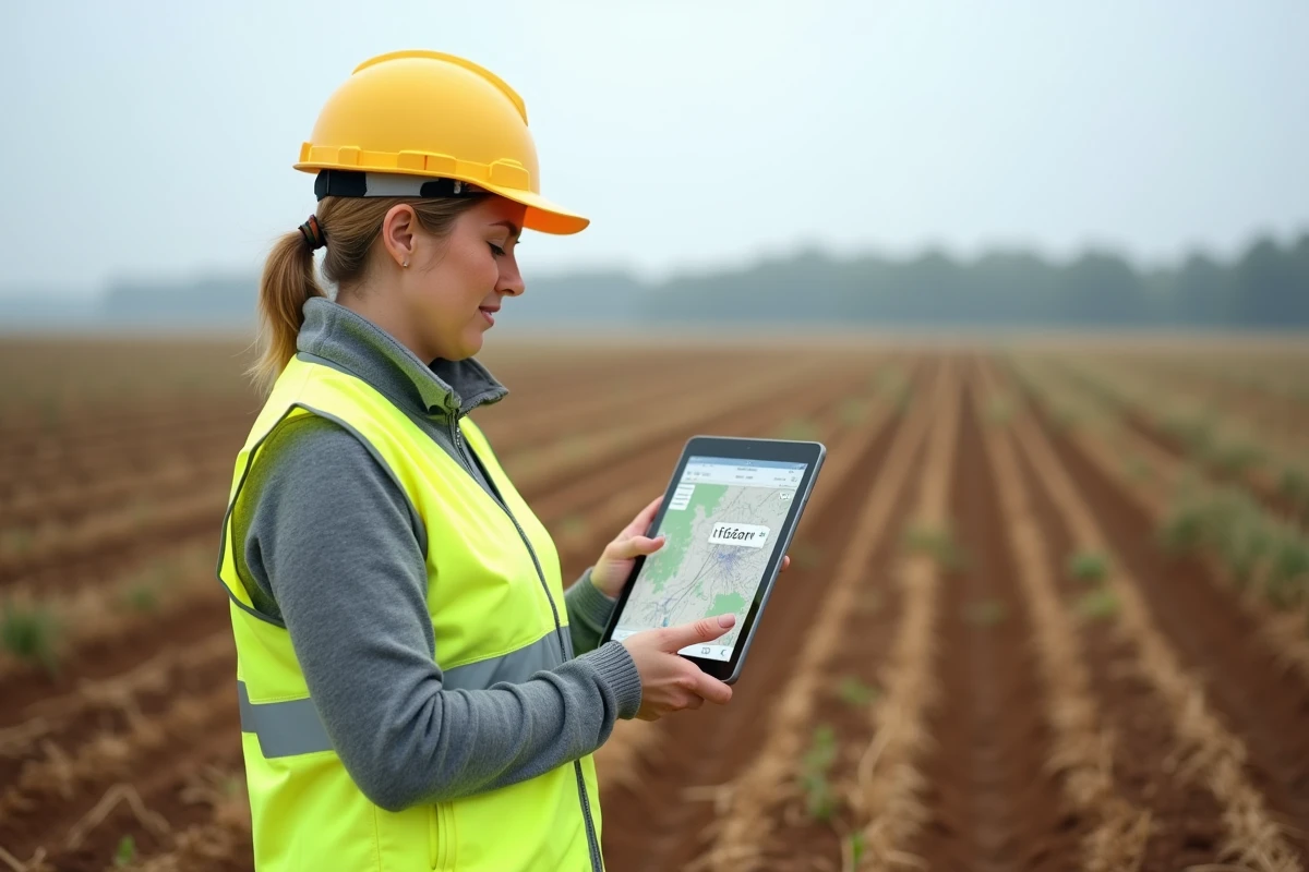 Géomètre femme sur le terrain tenant une tablette GIS affichant des conversions d'hectares en kilomètres carrés