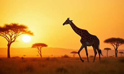 Girafe marchant dans la savane africaine au coucher du soleil