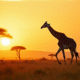 Girafe marchant dans la savane africaine au coucher du soleil