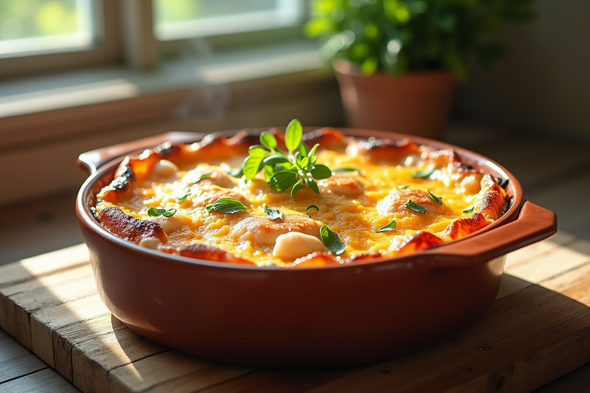Gratin de poissons et fruits de mer doré et croustillant