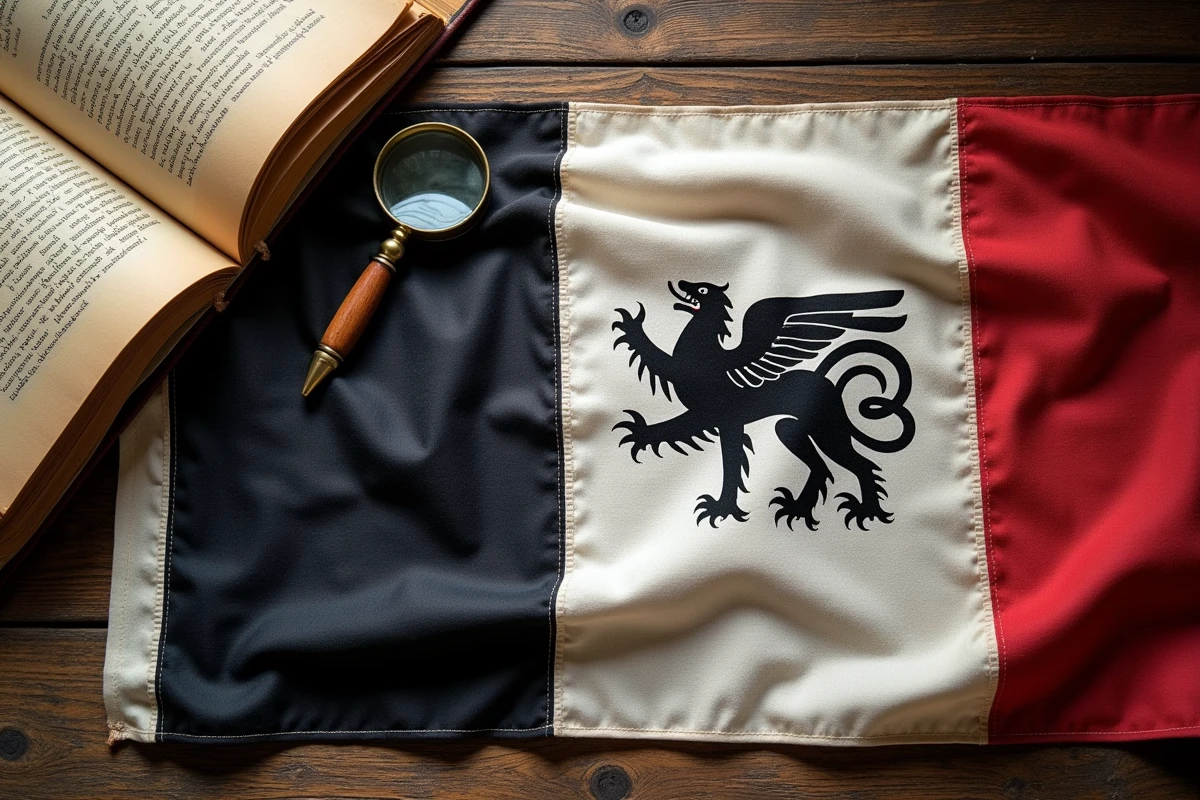 Gros plan du drapeau breton Gwenn-ha-du posé sur table en bois avec hermine et bandes noires et blanches visibles
