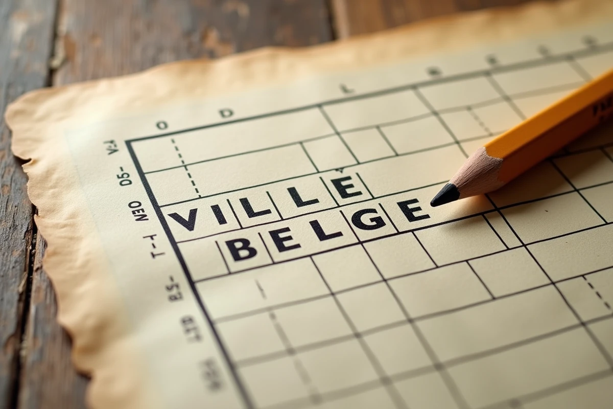 Gros plan d'une grille de mots croisés avec la case d'une ville belge en 4 lettres et un crayon sur papier crème