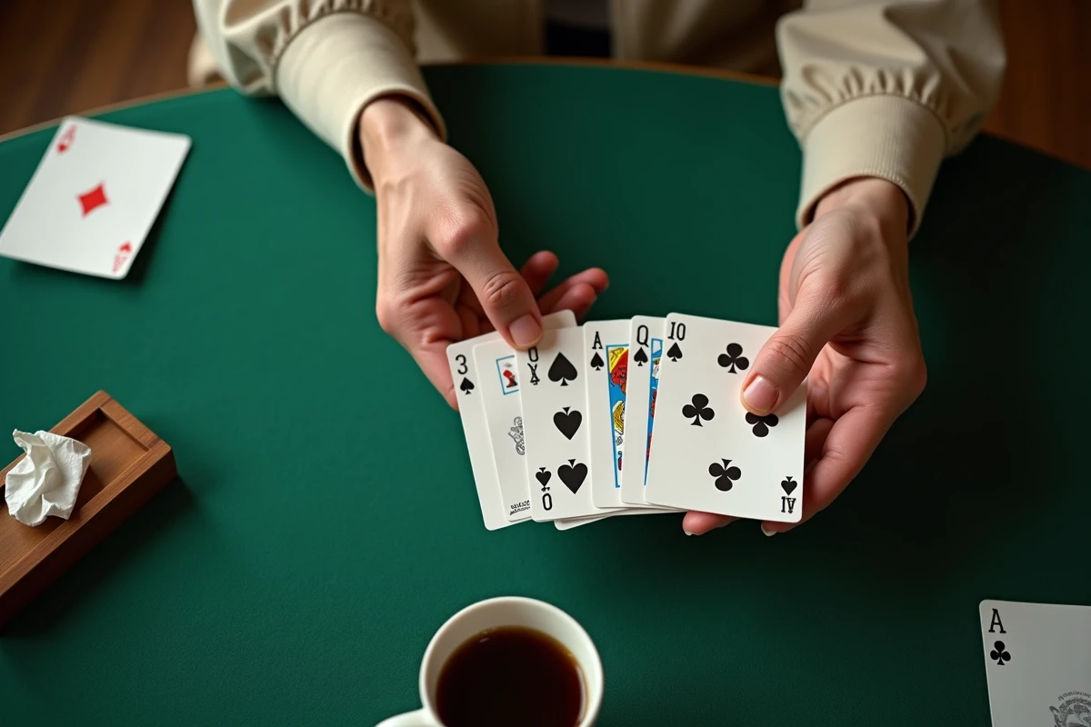 Gros plan des mains d'un joueur faisant une annonce aux cartes lors d'une partie de belote à 2, explication des gestes pour débutants