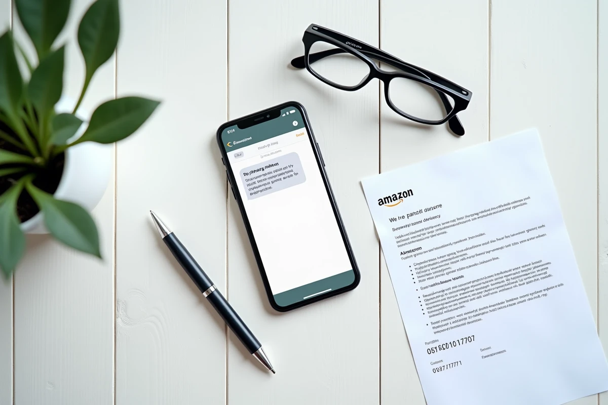Gros plan d'un smartphone affichant un SMS suspect de livraison de colis à côté d'une confirmation Amazon imprimée