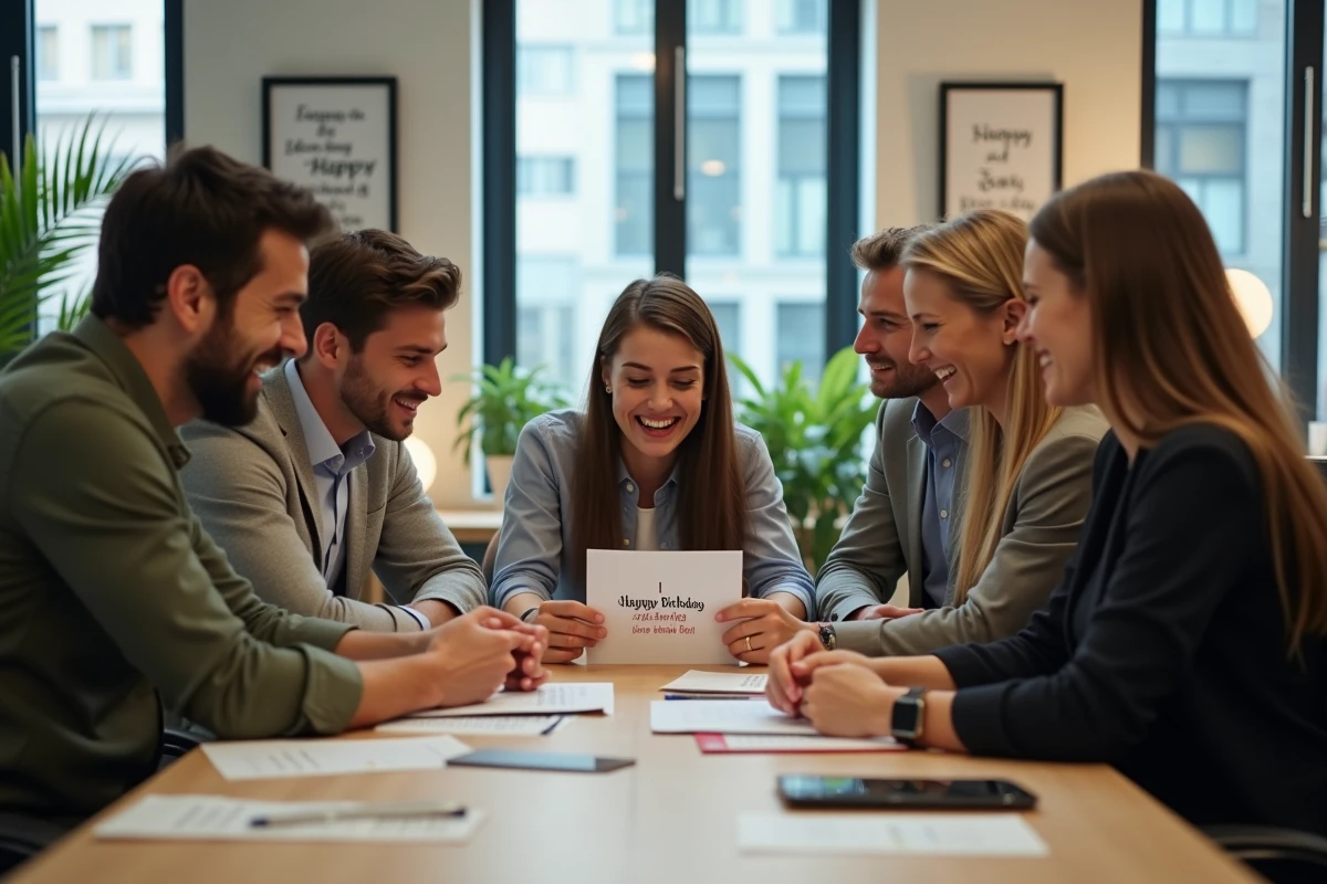 Groupe de collègues riant autour d