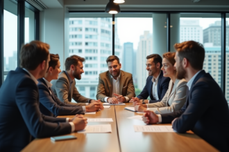 Groupe de collègues en réunion dans un bureau moderne