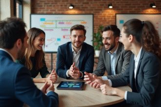 Groupe de jeunes professionnels discutant autour d'une tablette blockchain