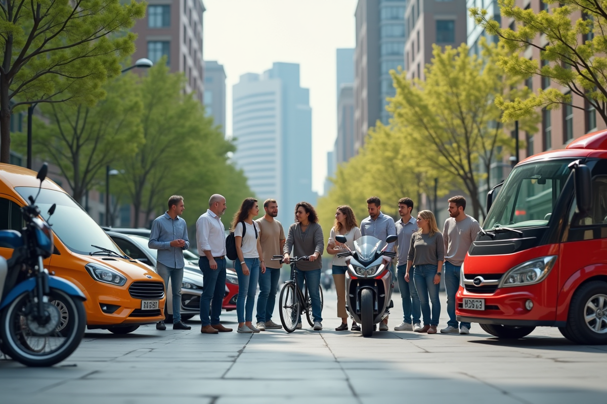 Groupe diversifié autour de véhicules urbains modernes