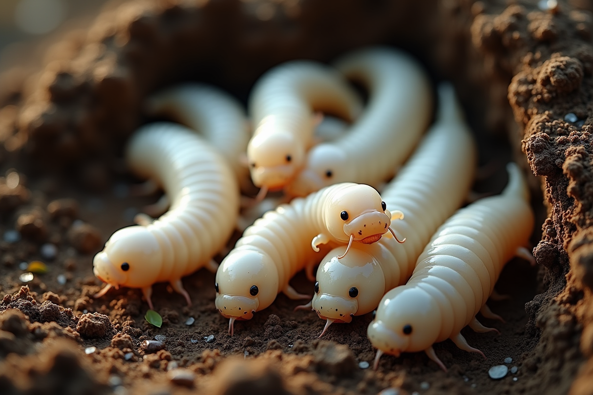 Groupe de mouches blanches dans la terre humide naturelle