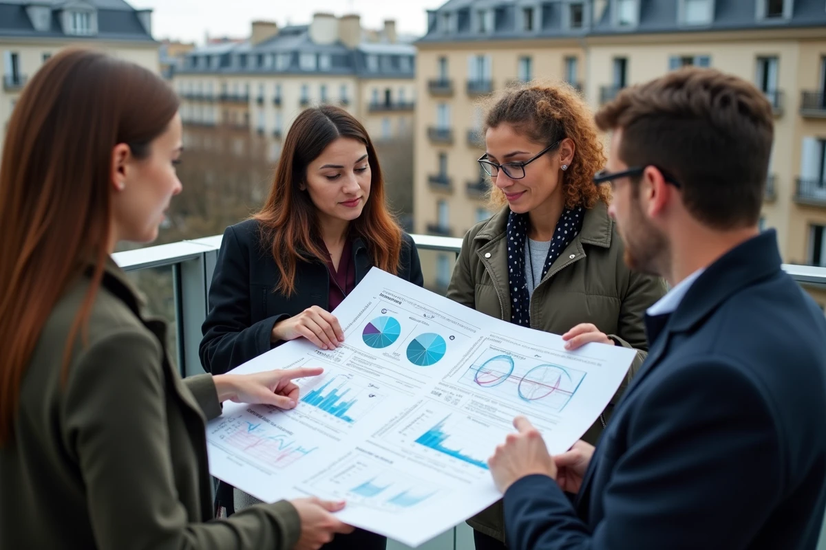 Groupe diversifié de professionnels discutant sur un balcon urbain