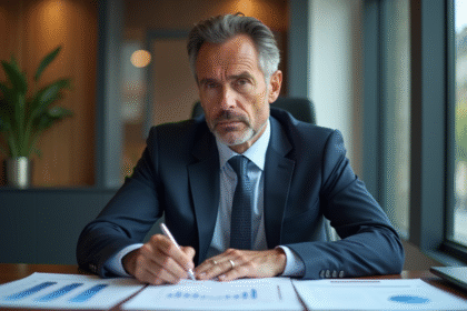 Homme d'affaires français étudiant des graphiques financiers