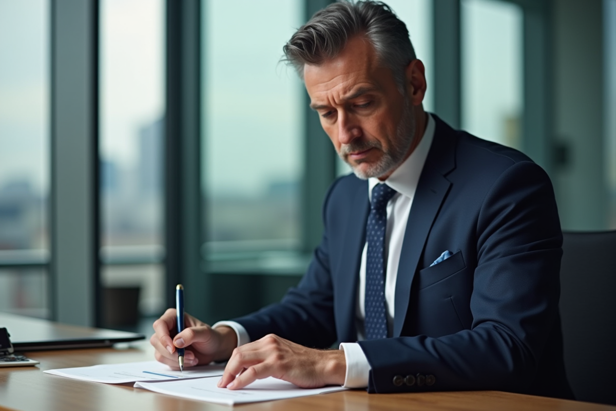 Homme d'affaires en costume étudiant un rapport financier