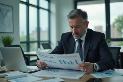 Homme d'affaires anxieux lit un rapport économique dans un bureau