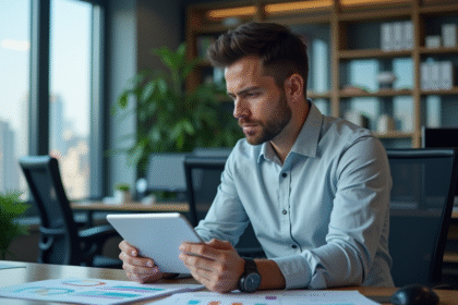 Homme professionnel analysant des graphiques de données au bureau