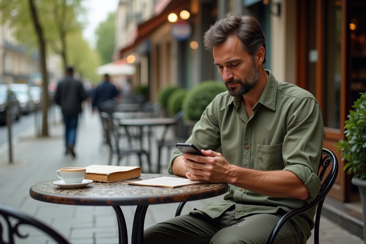 Homme lisant un blog critique littéraire sur smartphone dans un café parisien avec livre et espresso sur la table