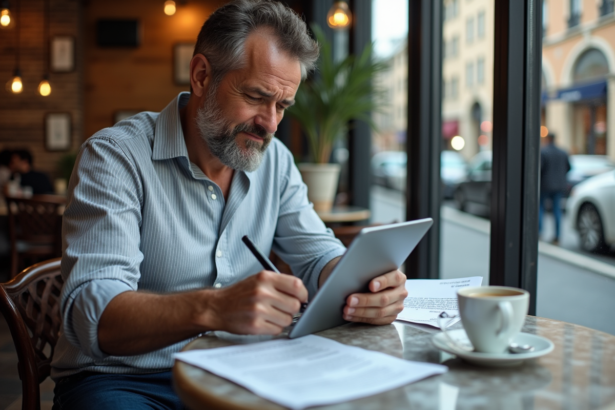 Homme au café examine un document de traduction avec tablette