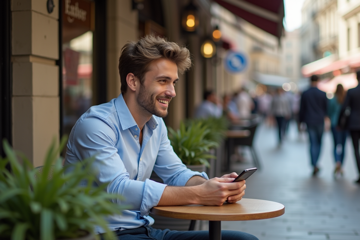 Jeune homme souriant au téléphone dans un café en ville
