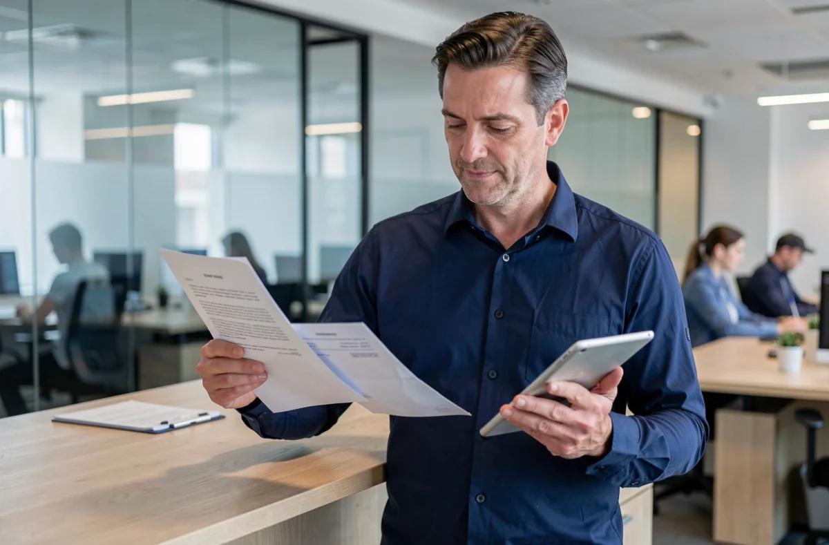 Homme comparant un document imprimé et une version numérisée sur tablette dans un bureau moderne