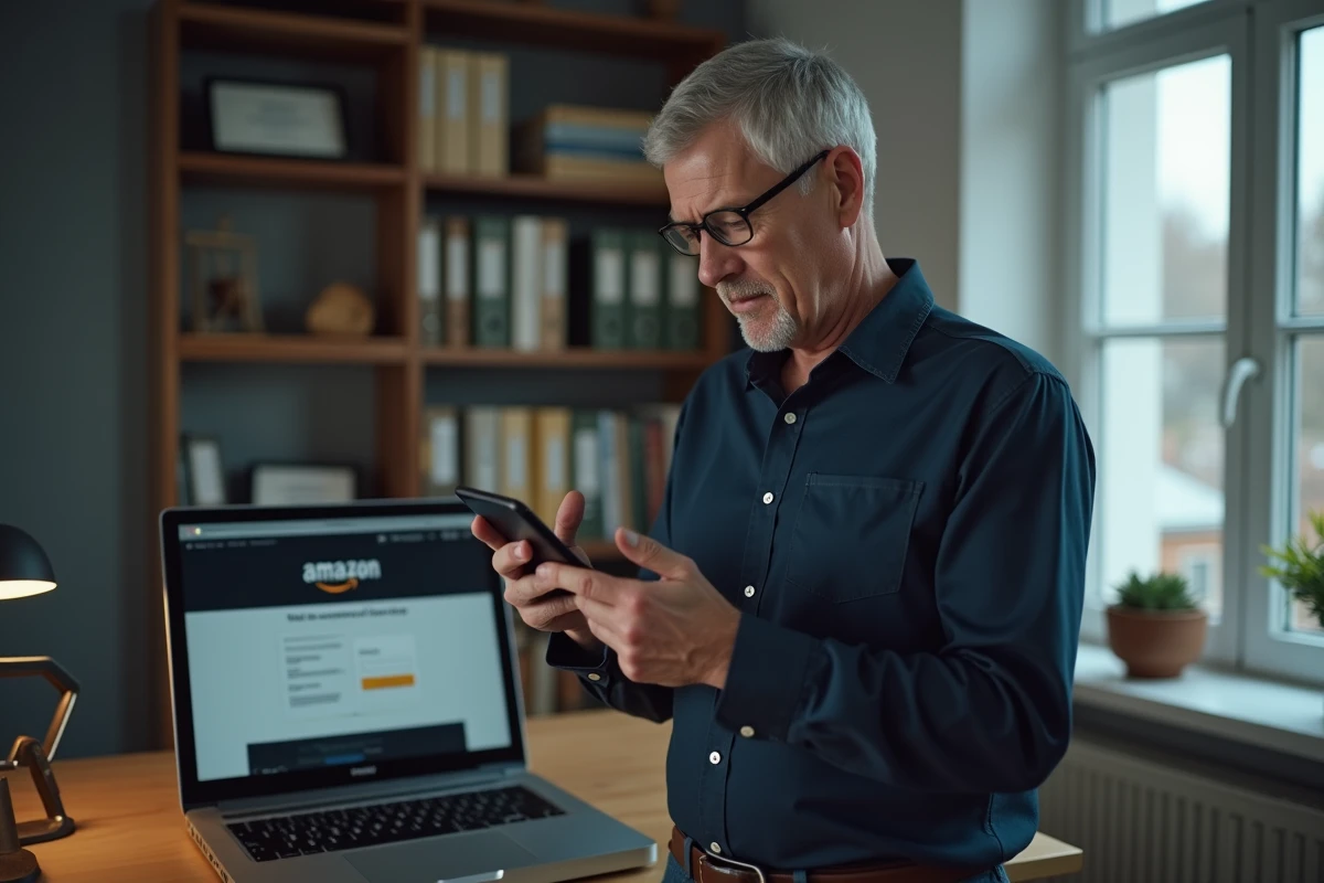 Homme comparant un SMS suspect au vrai site Amazon sur ordinateur portable pour éviter une arnaque
