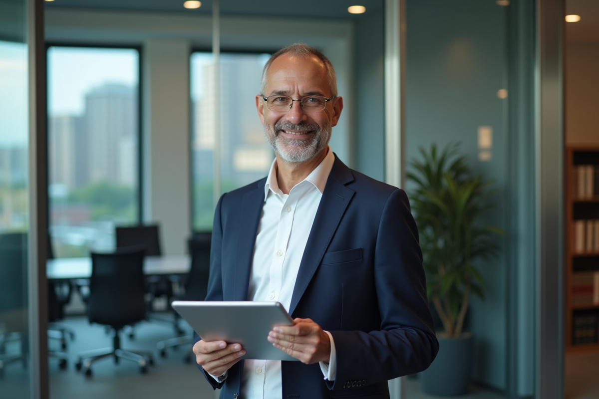 Comptable souriant utilisant une tablette avec logiciel de facturation