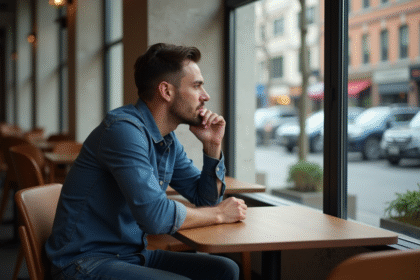 Homme pensif assis dans un cafe moderne en ville