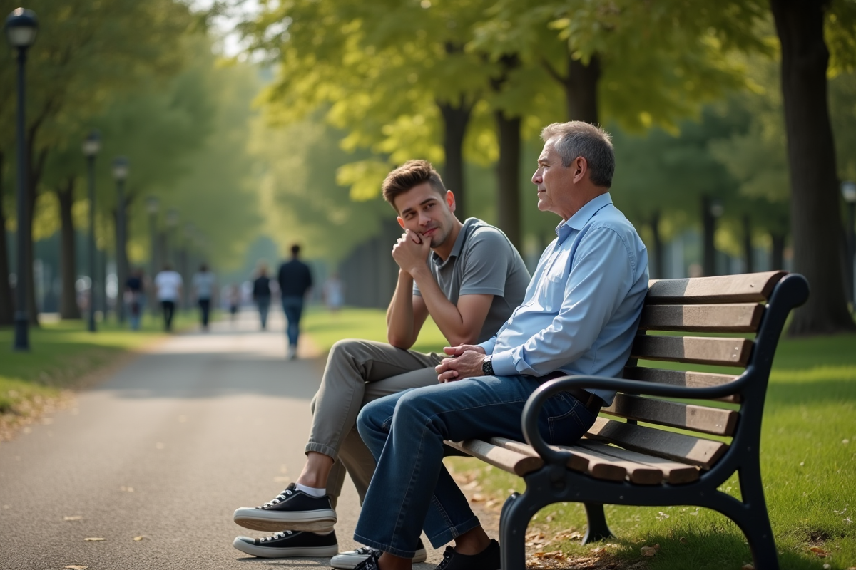 Homme attentif parlant avec un jeune dans un parc