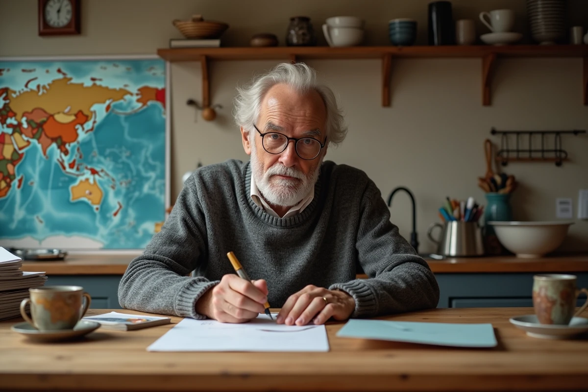 Homme âgé écrit une lettre dans sa cuisine chaleureuse