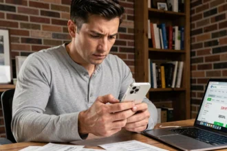 Homme inspectant un iPhone 15 reconditionné avec une légère rayure visible, assis dans un bureau à domicile avec des reçus et un ordinateur portable affichant des comparaisons de prix