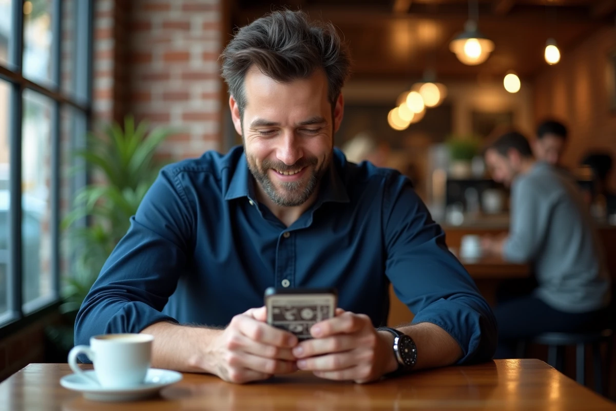 Homme adulte consultant un site de lecture de scans manga sur smartphone dans un café urbain