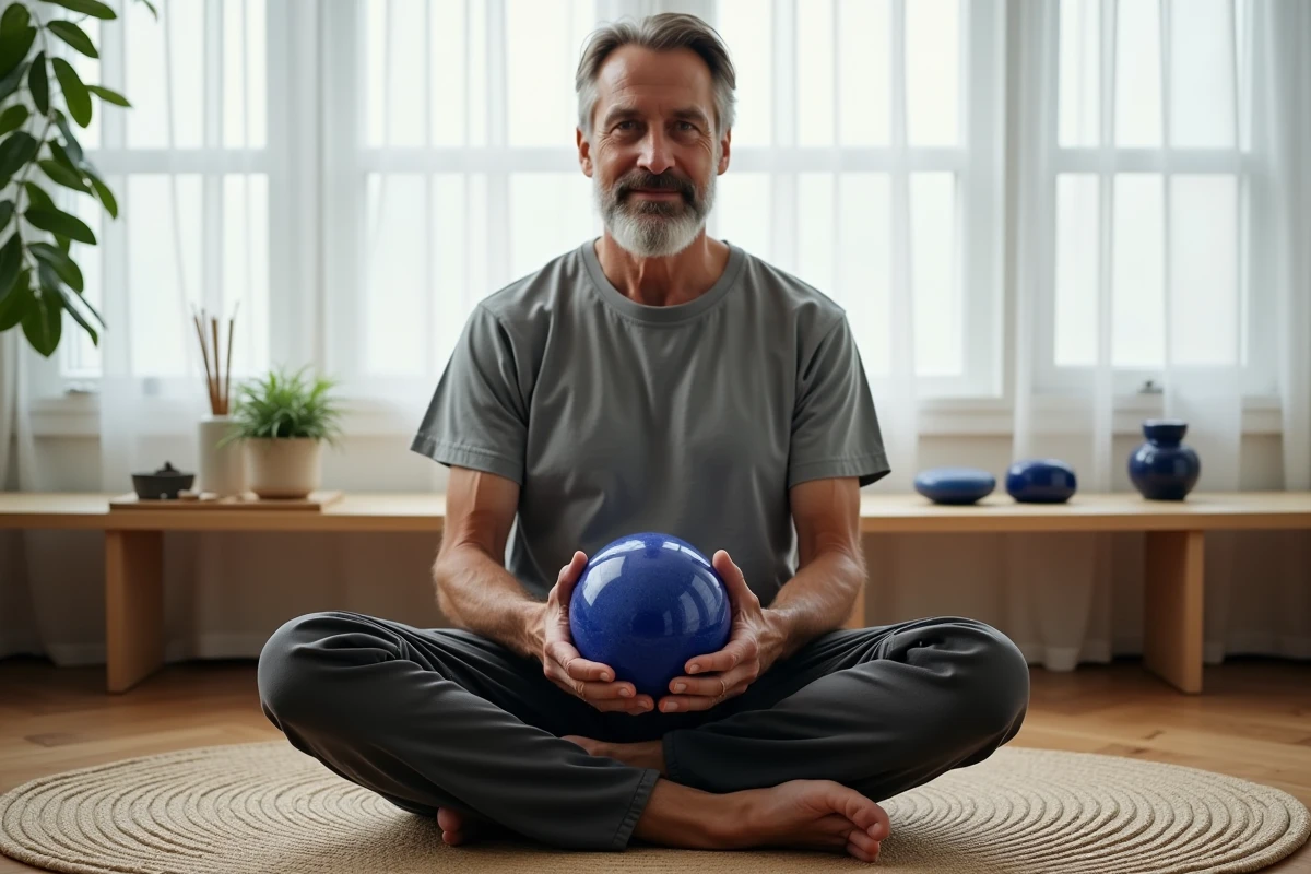 Homme en méditation tenant une sphère de sodalite bleue sur un tapis de jute dans un espace calme et épuré