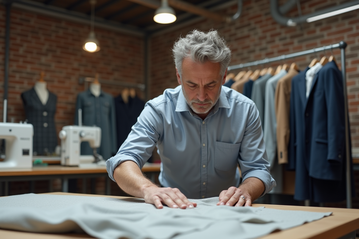 Homme mesurant un tissu dans un atelier de couture professionnel