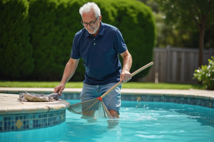 Homme d'âge moyen nettoyant une piscine dans un jardin