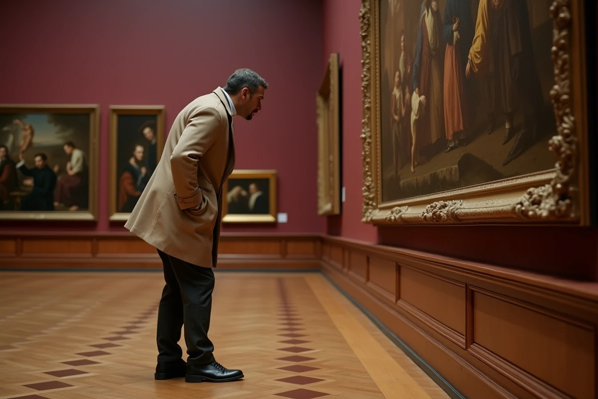 Homme examinant de près une peinture hollandaise du Siècle d'Or dans un musée peu fréquenté
