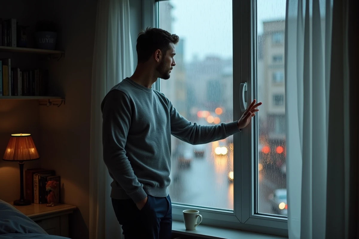 Homme pensif devant une fenêtre sous la pluie, symbolisant la tristesse et la réflexion face à un amour à sens unique