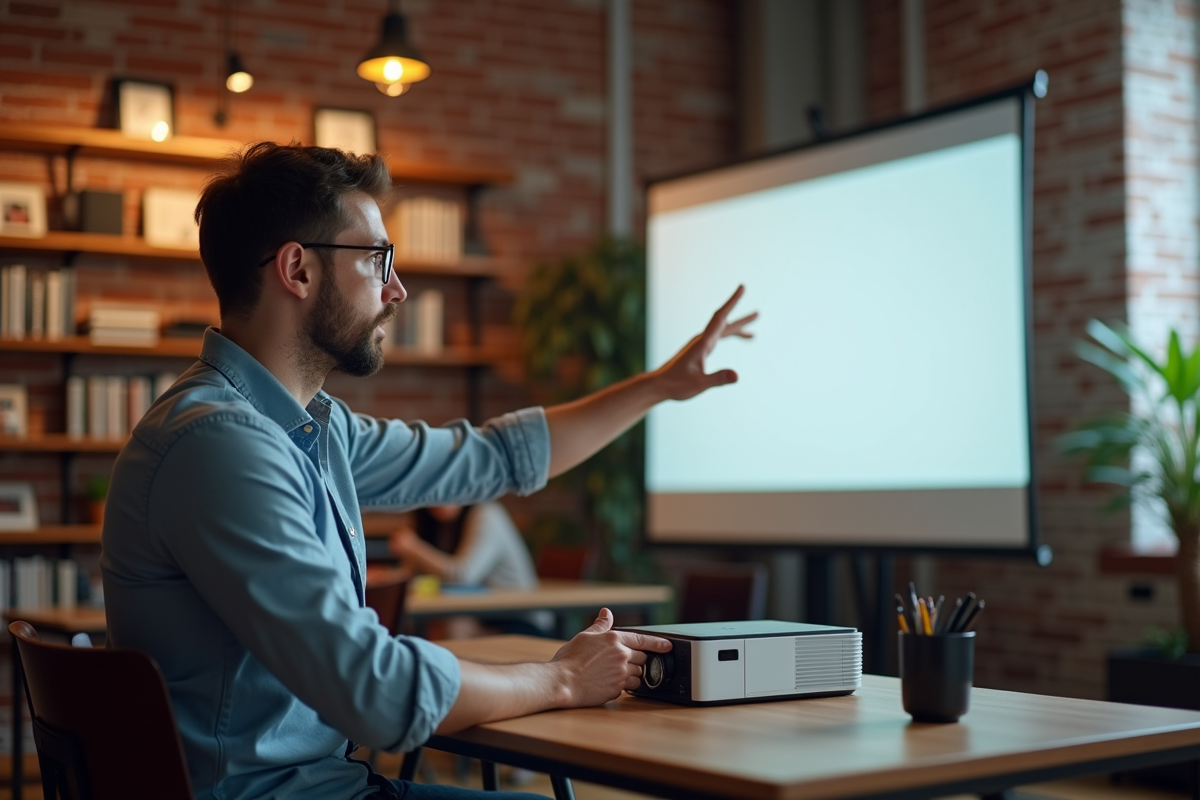 Jeune homme montrant une projection dans un espace de coworking