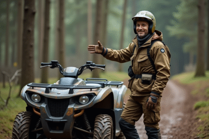 Homme en équipement outdoor avec quad en forêt