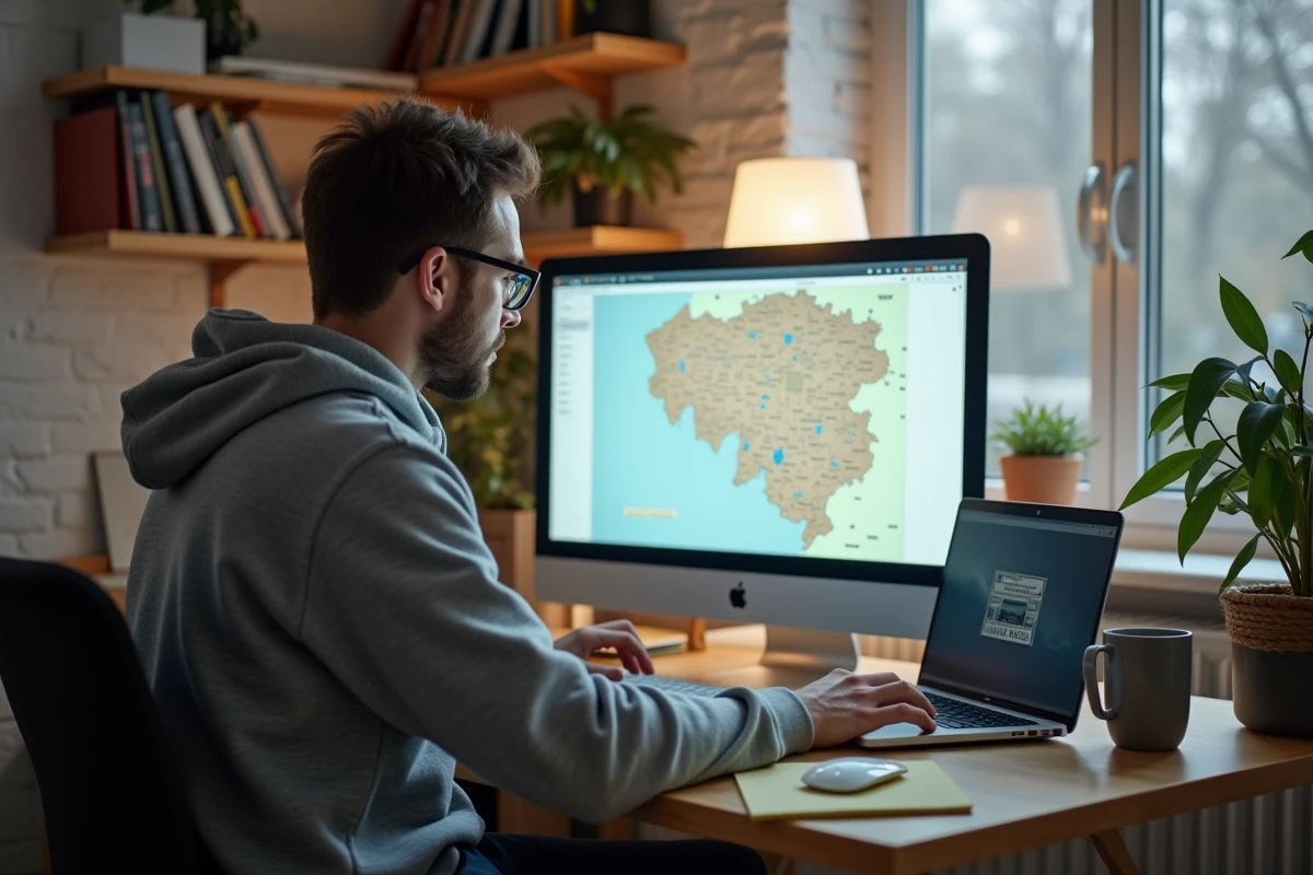 Homme cherchant une ville belge en 4 lettres sur un ordinateur avec une carte de Belgique accrochée au mur
