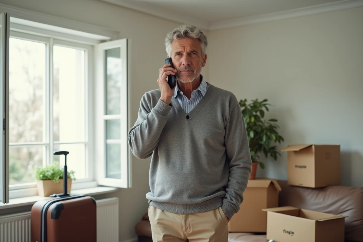 Homme avec valise et cartons dans un salon lumineux